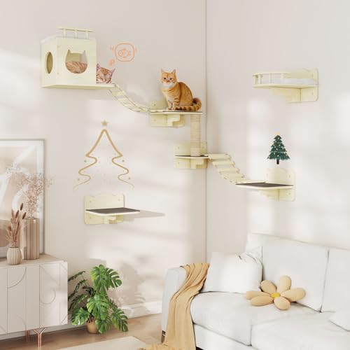 Cat Wall Shelves Set of 5 Wooden Shelves with Scratching Post H9199