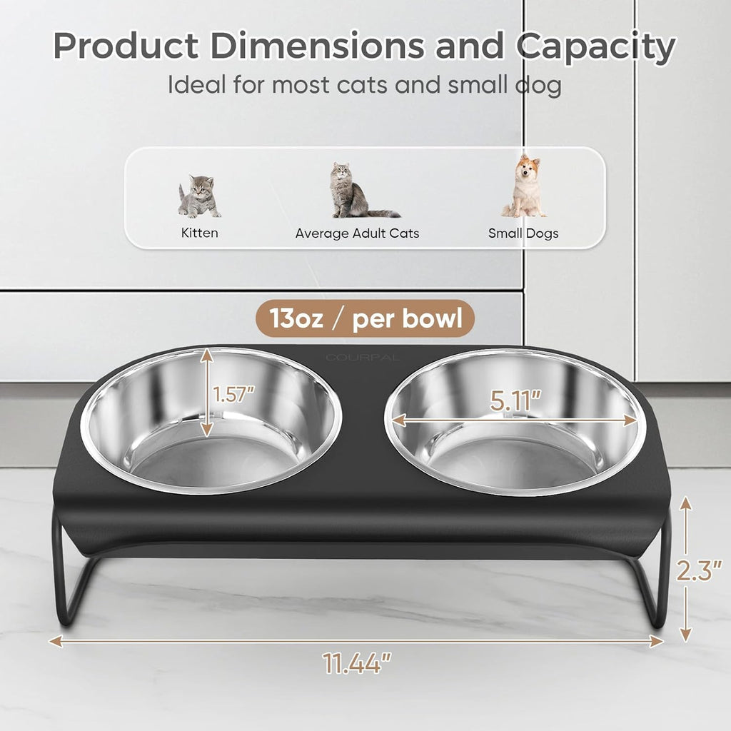 Raised Cat Food and Water Bowl Set with Stainless Steel Stand, 15° Tilted Elevated Cat Bowl, Double Metal Bowls T474477