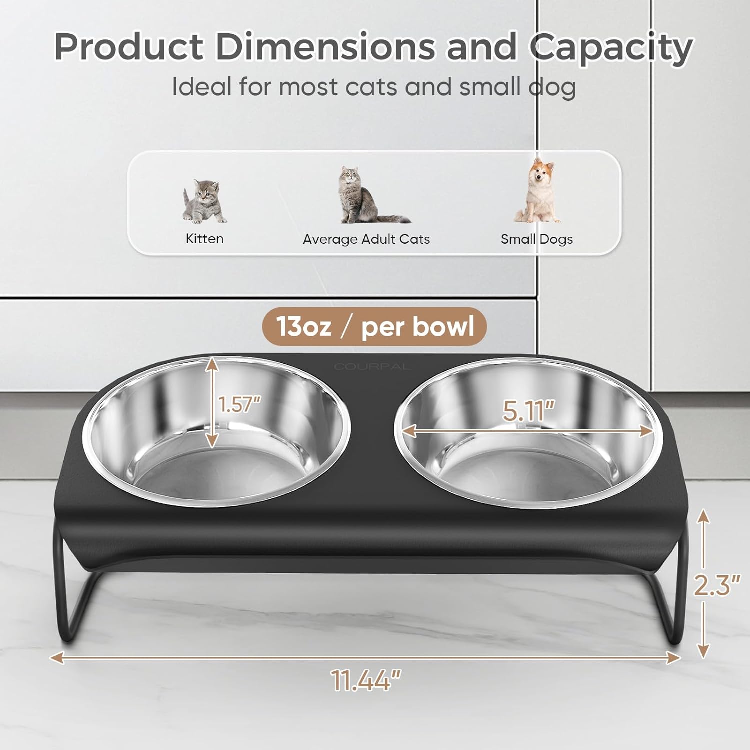 Raised Cat Food and Water Bowl Set with Stainless Steel Stand, 15° Tilted Elevated Cat Bowl, Double Metal Bowls T474477