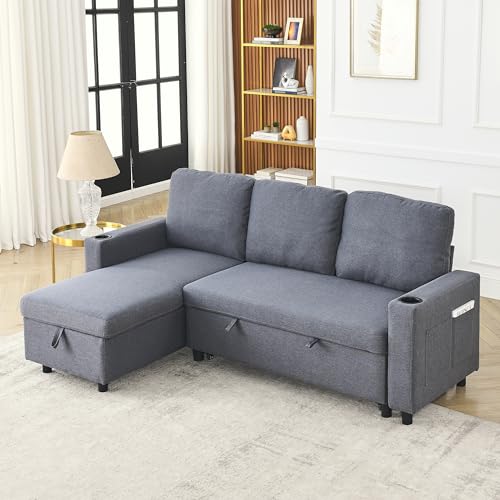 Light Grey Fabric Modular Sectional Sofa with Pullout Bed and Storage Chaise Y300
