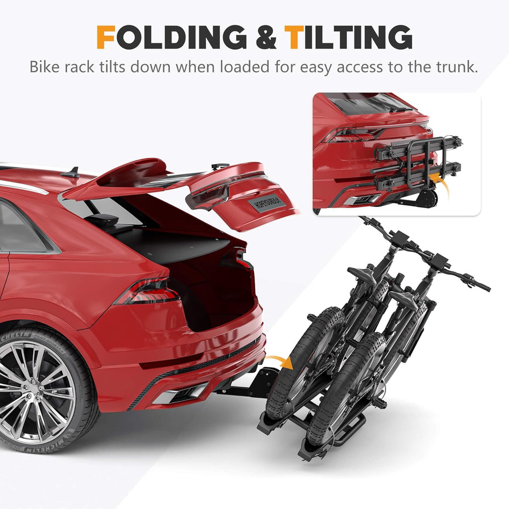 2'' Hitch Mounted Lockable Bike Rack with Ramp, 200lbs Capacity Foldable Platform B2537