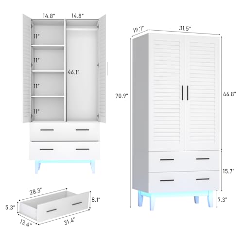 White 3 Door Armoire Wardrobe with Drawers and LED Lights K341