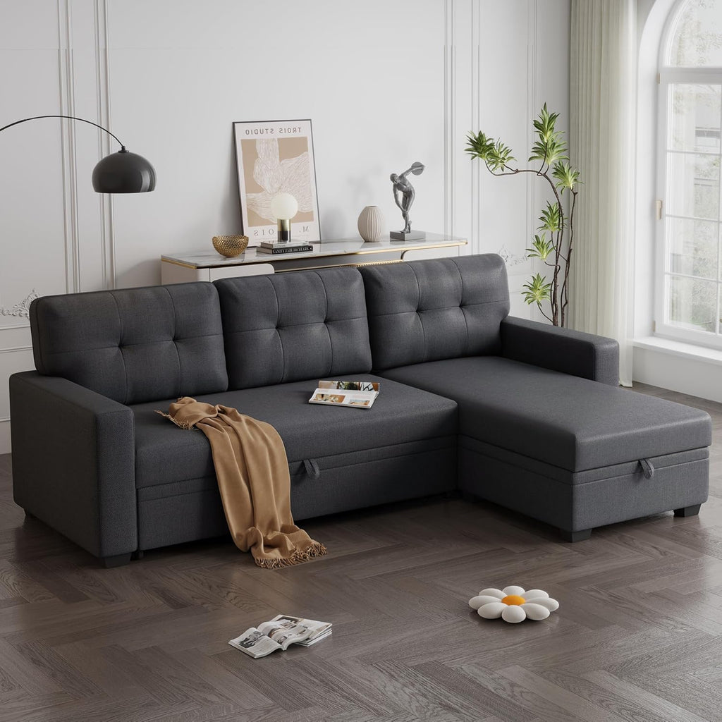 Dark Gray Linen Upholstered 3 Seater Pull Out Sofa Bed with Storage Chaise P77352