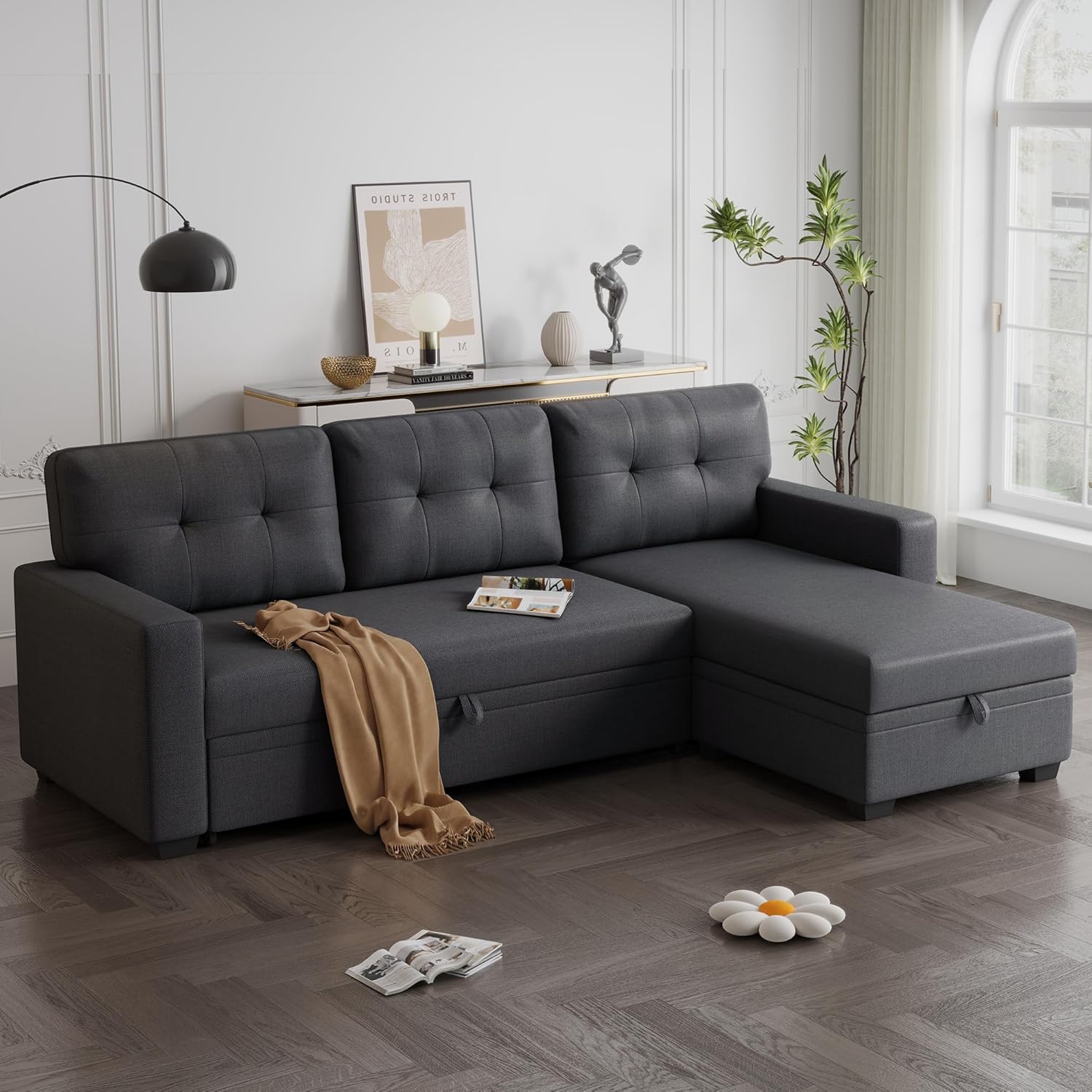 Dark Gray Linen Upholstered 3 Seater Pull Out Sofa Bed with Storage Chaise P77352