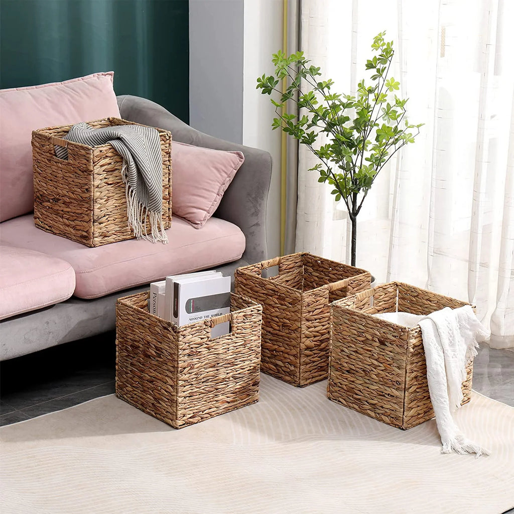 Set of 4 Handwoven Water Hyacinth Wicker Cube Baskets X484