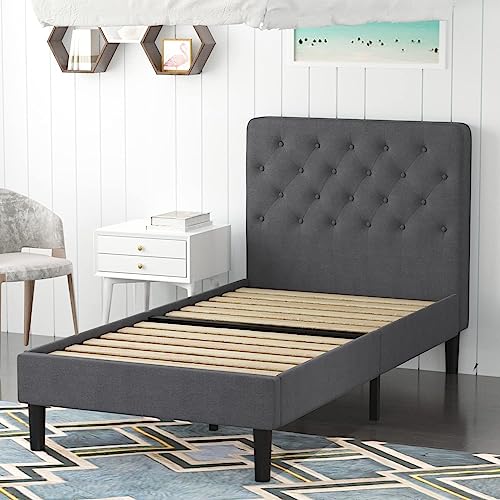 Grey Twin Size Upholstered Platform Bed Frame with Headboard F7953