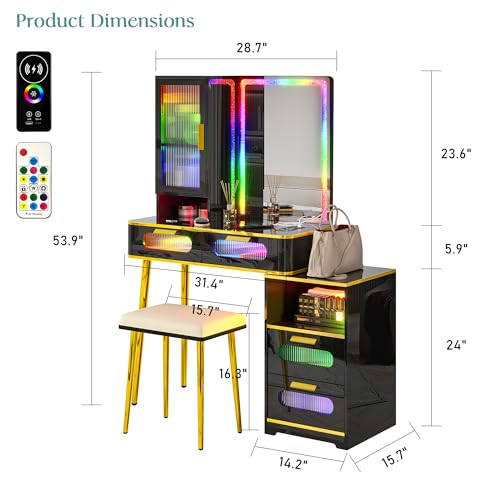 Black LED Vanity Desk with Mirror and Lights and Charging Station O28295