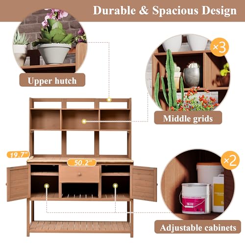 Light Brown Fir Wood Potting Bench with Drawers and Storage Shelves Q38373