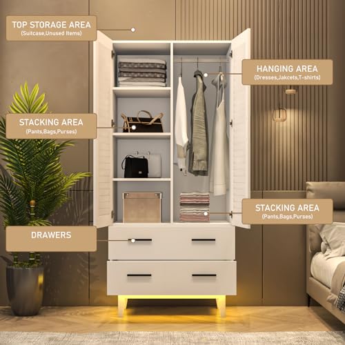 White 3 Door Armoire Wardrobe with Drawers and LED Lights K341