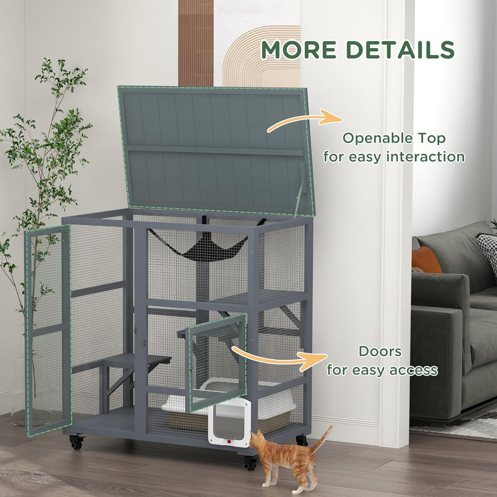Grey Large Wooden Cat Enclosure with Roof H870