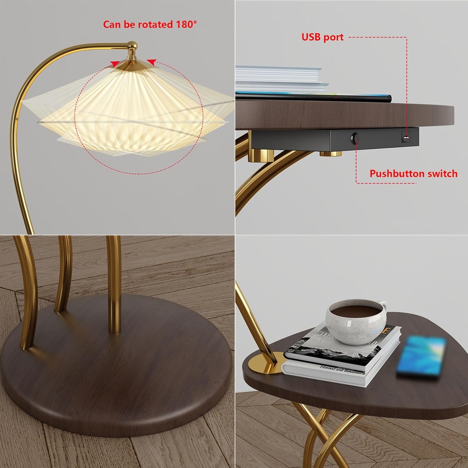 Mid Century Modern Floor Lamp with USB Charging Port and Wood Tray Table Z219948