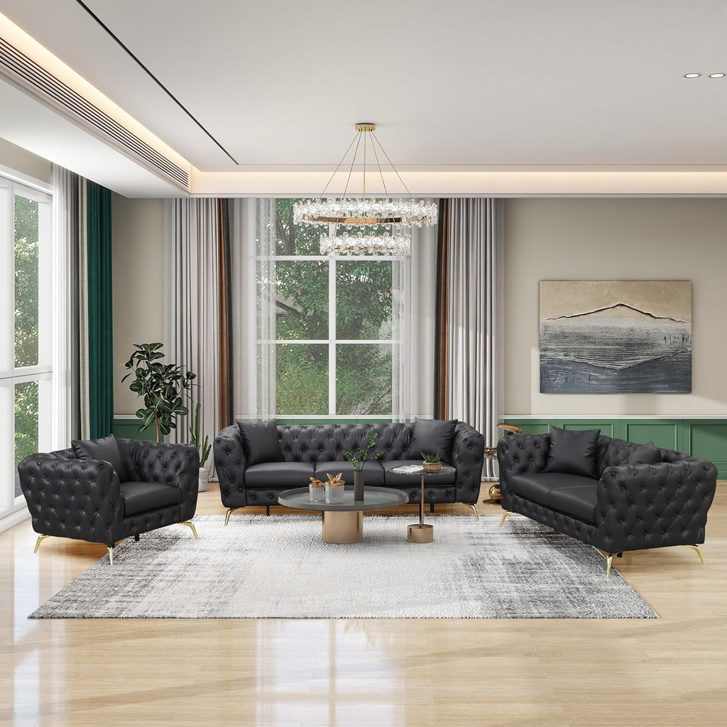Black 3-Piece PU Upholstered Sofa Set with Metal Legs C316263