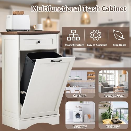 White 13 Gallons Wood Trash Cabinet with Hideaway Drawer J9582