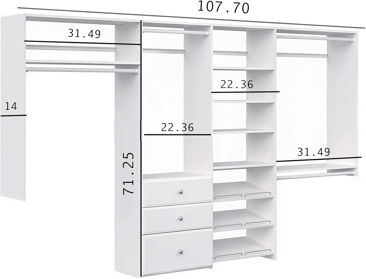 White Wood Wall Mounted Closet Organizer with Shelves and Drawers L53203