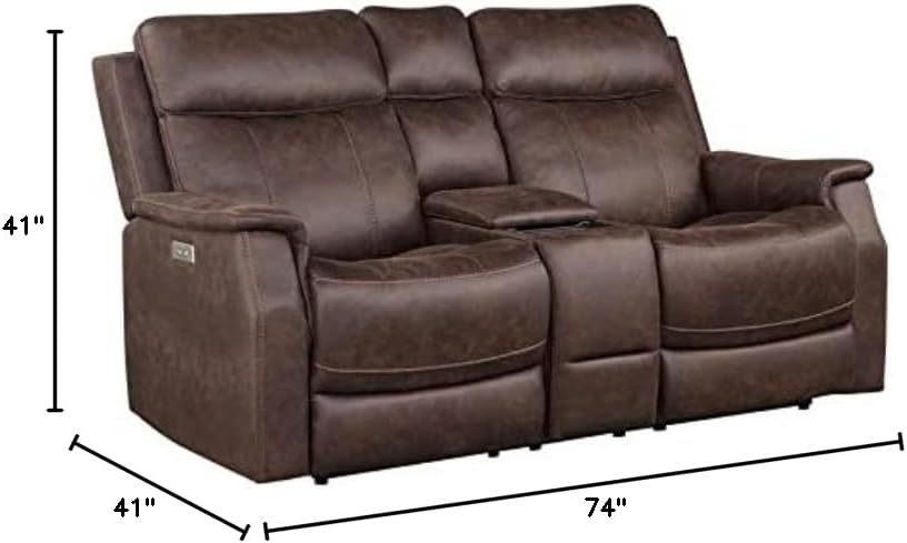 Faux Leather Dual Power Reclining Console Loveseat in Mahogany O962478