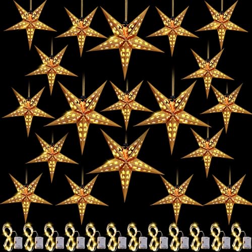 20 Set Christmas Paper Star Shape Lantern 2 Size 17.7 11.8 Hanging Ornaments with 20 LED Light White L146846