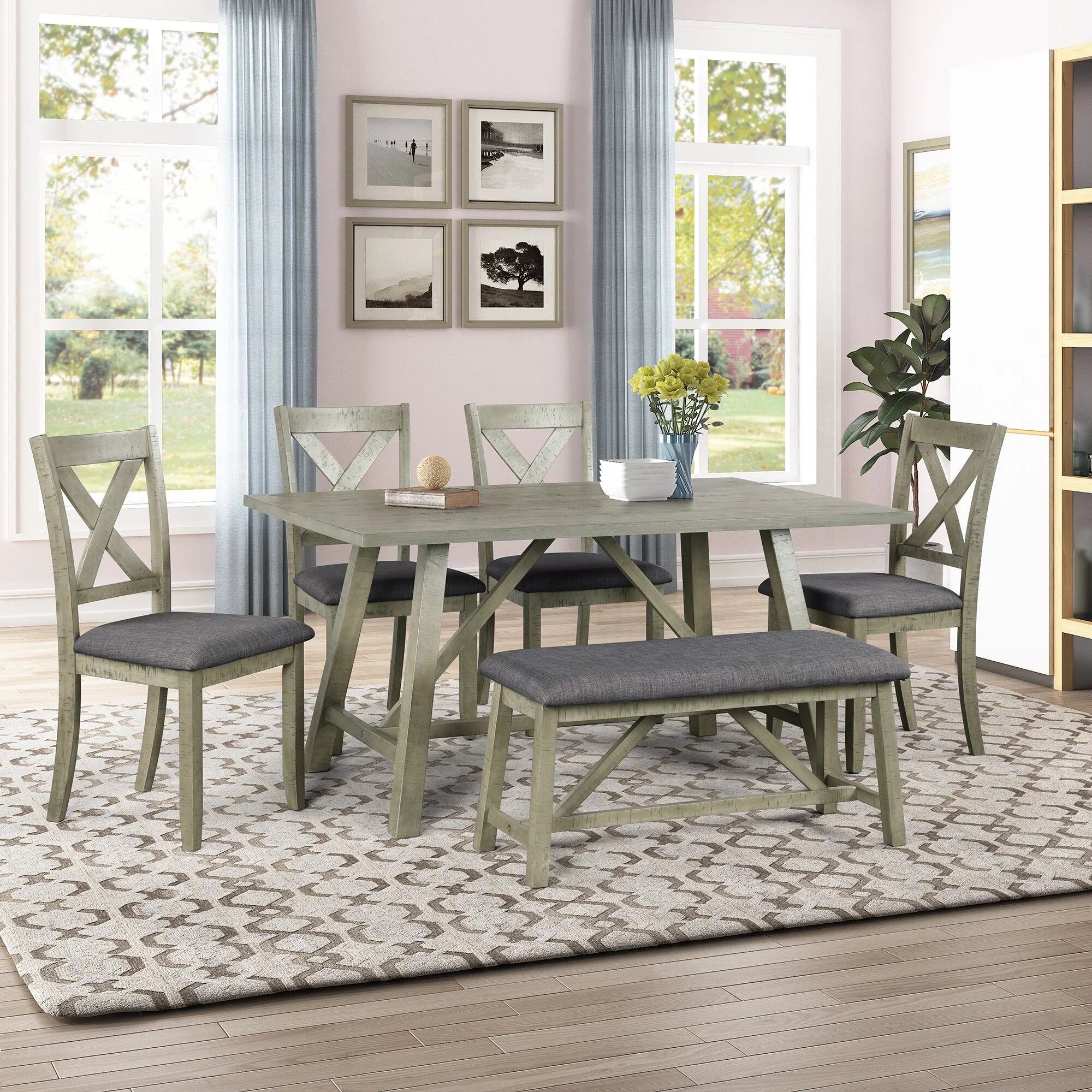 6 Piece Wood Dining Table Set Y60064