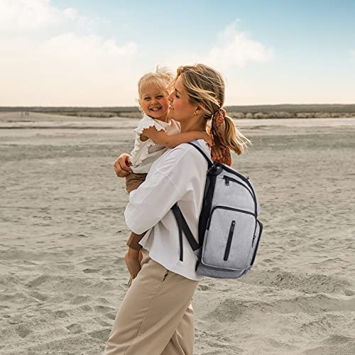 Grey Waterproof Diaper Bag Backpack with 4 Insulated Pockets and Stroller Straps M800373