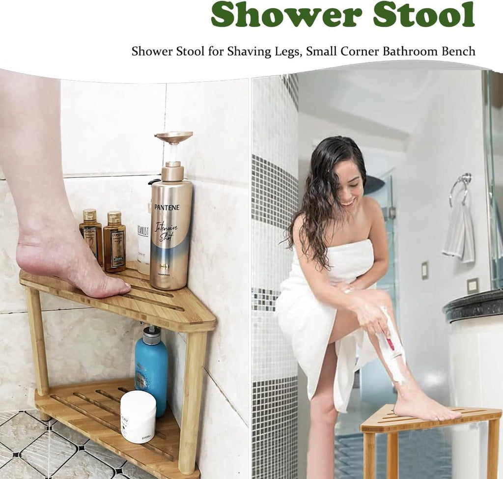 Bamboo Corner Shower Stool with Storage Shelf W221956