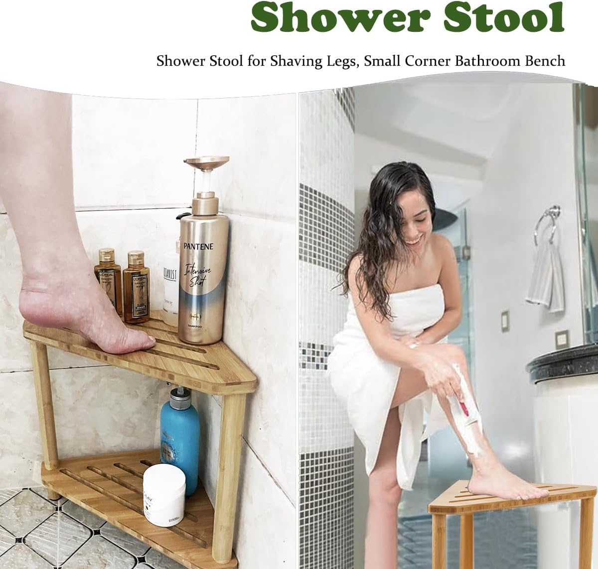 Bamboo Corner Shower Stool with Storage Shelf W221956