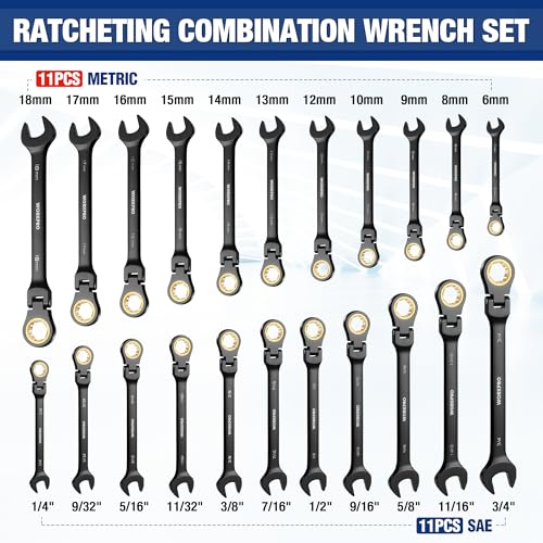 22-piece Ratcheting Wrench Set with 180° Flex Head, Anti-Slip Tooth, Metric 6-18mm & SAE 1/4-3/4", Black Electrophoretic Coating H14682