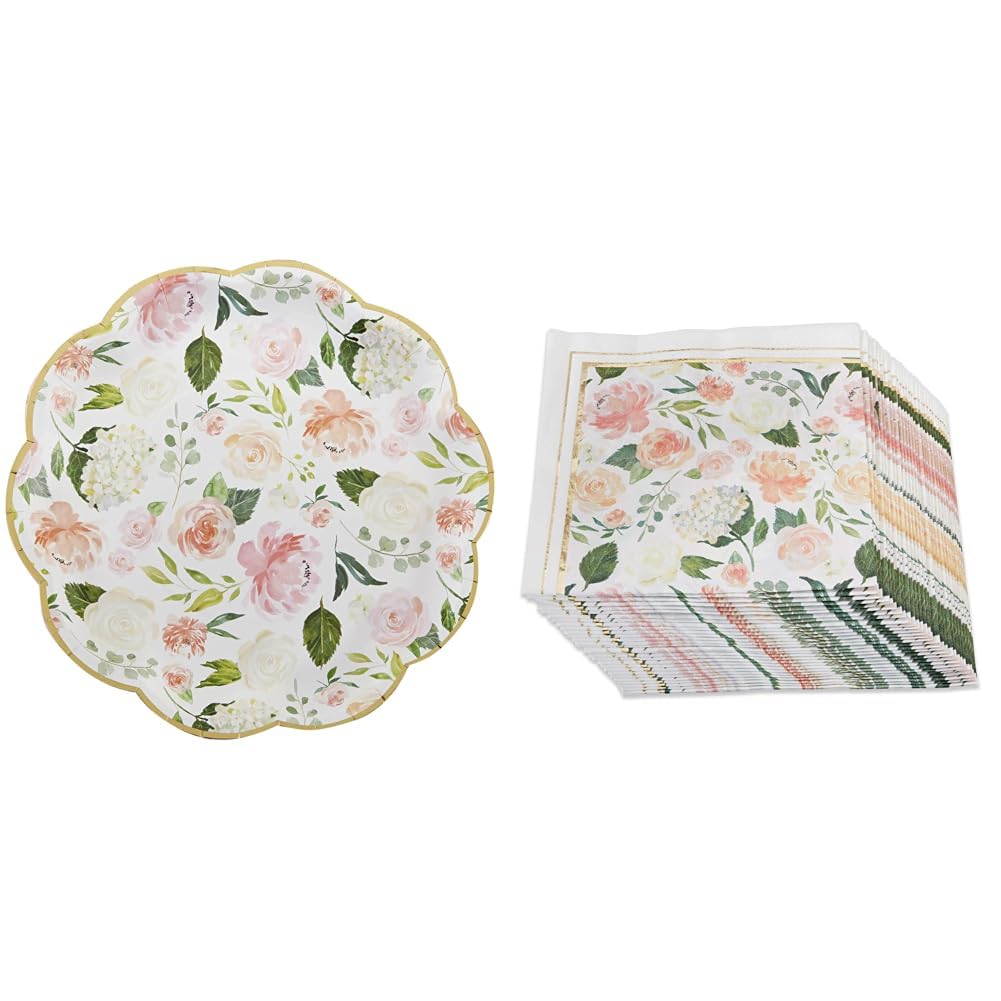 Pink Floral Paper Plates (Set of 16) and Paper Cocktail Napkins (Set of 30) R6280