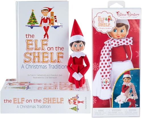 Christmas Tradition Box Set Girl Scout Elf (Blue Eyed), Story Book and Claus Couture Collection Snowflake Skirt and Scarf (Multi-Item Bundle) B81264