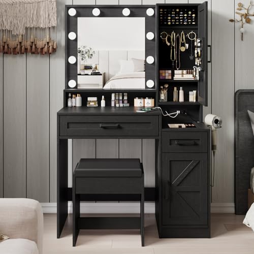 White 36.4 inch Vanity Desk with Mirror and Lights, Chair, 2 Drawers D4440
