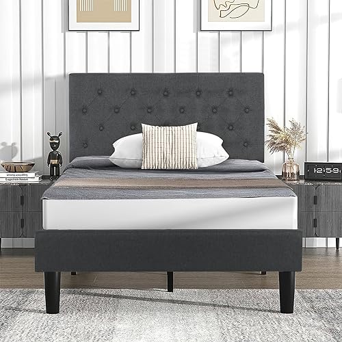 Grey Twin Size Upholstered Platform Bed Frame with Headboard F7953
