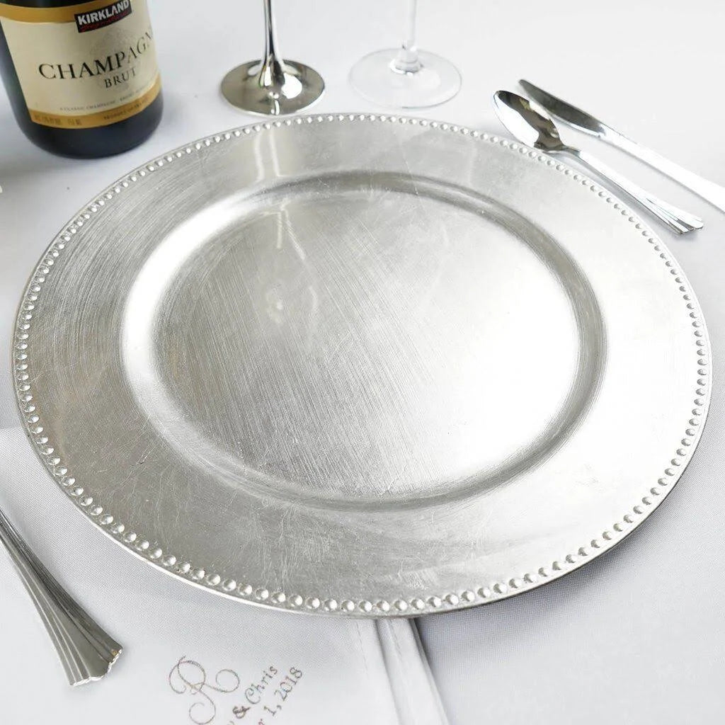 24 Pcs 13-inch Silver Crystal Beaded Round Charger Plates Q525