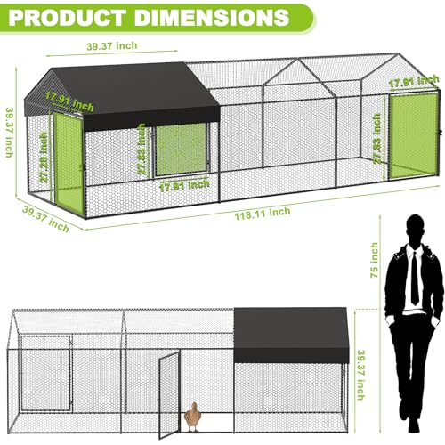 Large Metal Chicken Coop Run with Cover 120" L×40" W×40" H Portable Poultry Cage Y994827