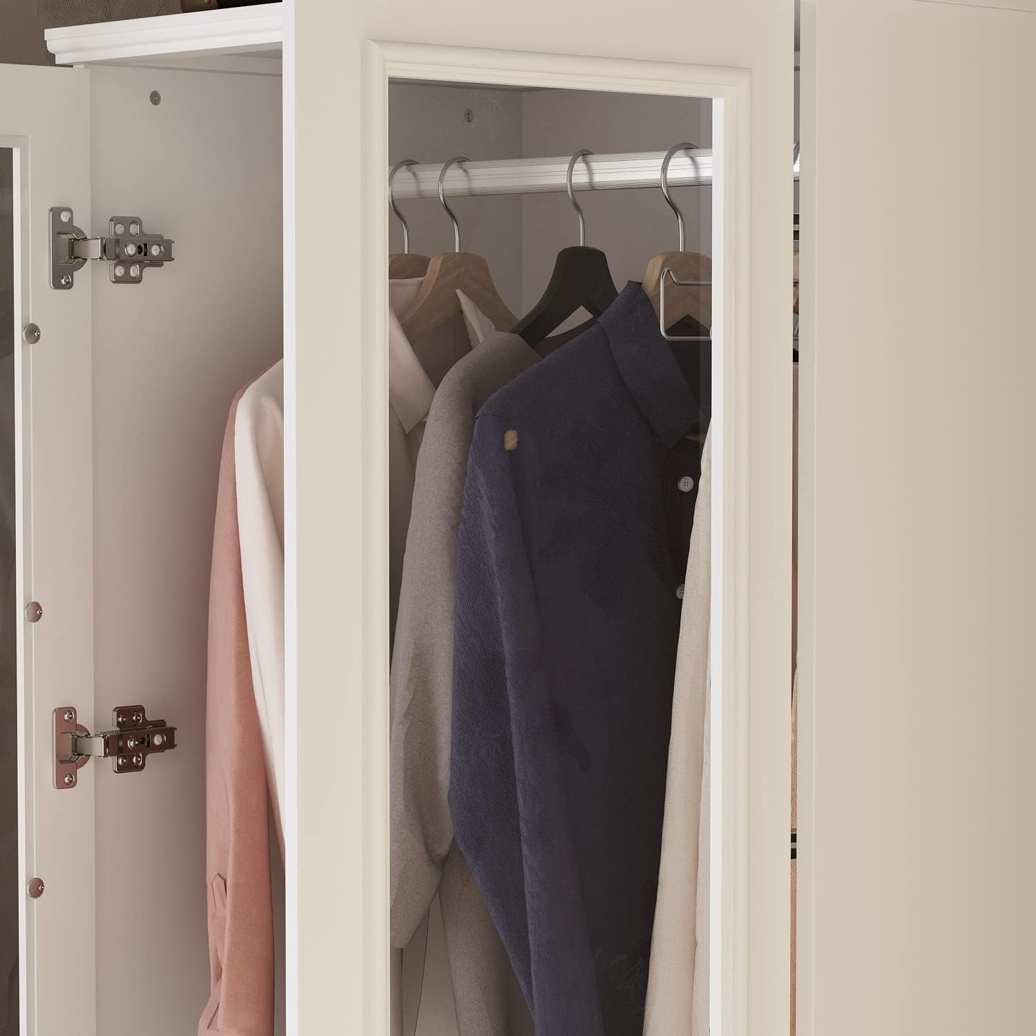 White Wooden Wardrobe Armoire with 2 Glass Doors, 3 Drawers & Hanging Rod P509