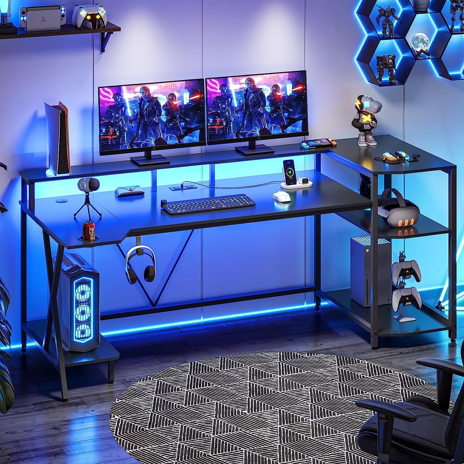 Black Computer Desk with LED Lights and Storage Shelves V94808