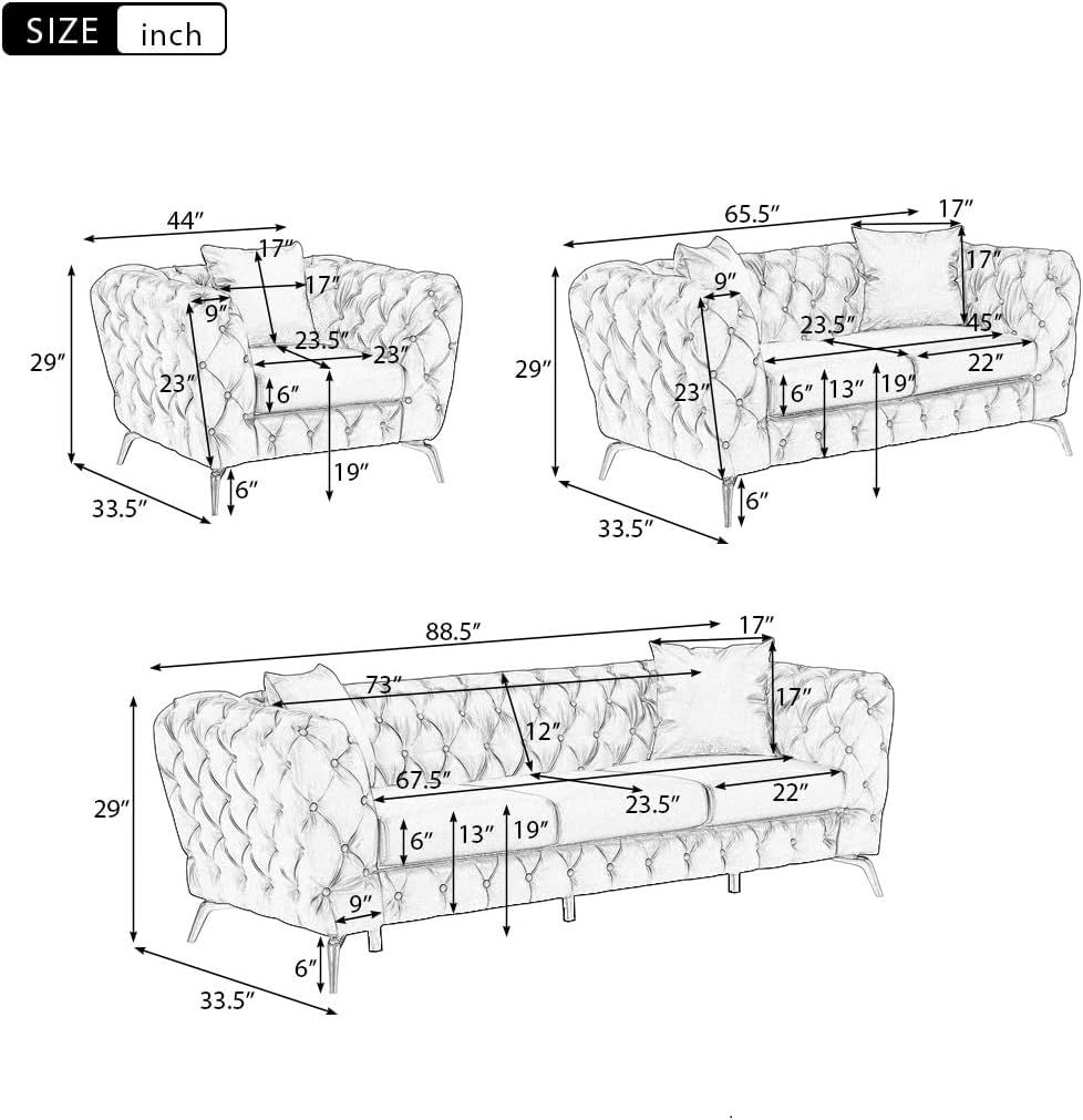 Black 3-Piece PU Upholstered Sofa Set with Metal Legs C316263