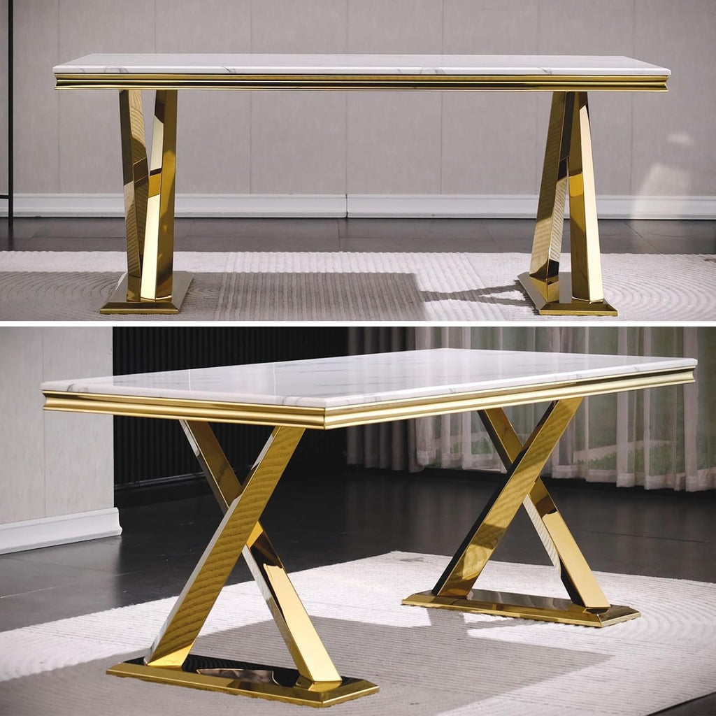 White and Gold 72" Dining Table with Double X-Base M510009