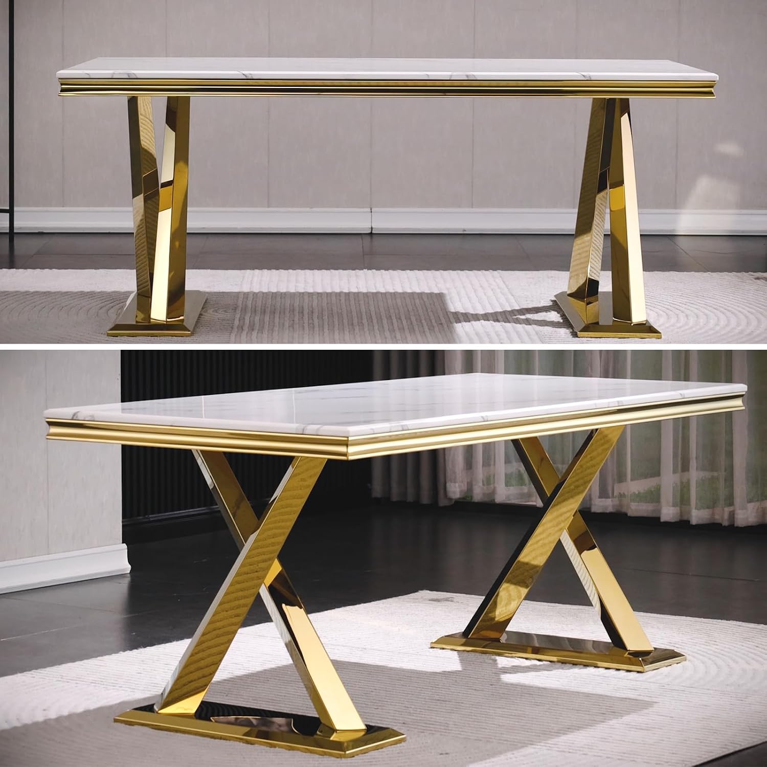 White and Gold 72" Dining Table with Double X-Base M510009