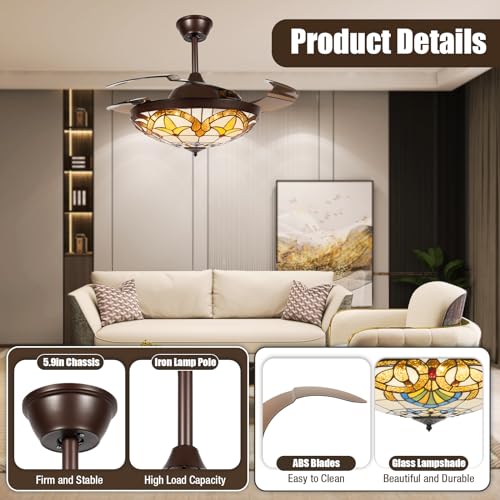 Tiffany Style Stained Glass Ceiling Fan with Light and Remote Control Y55629