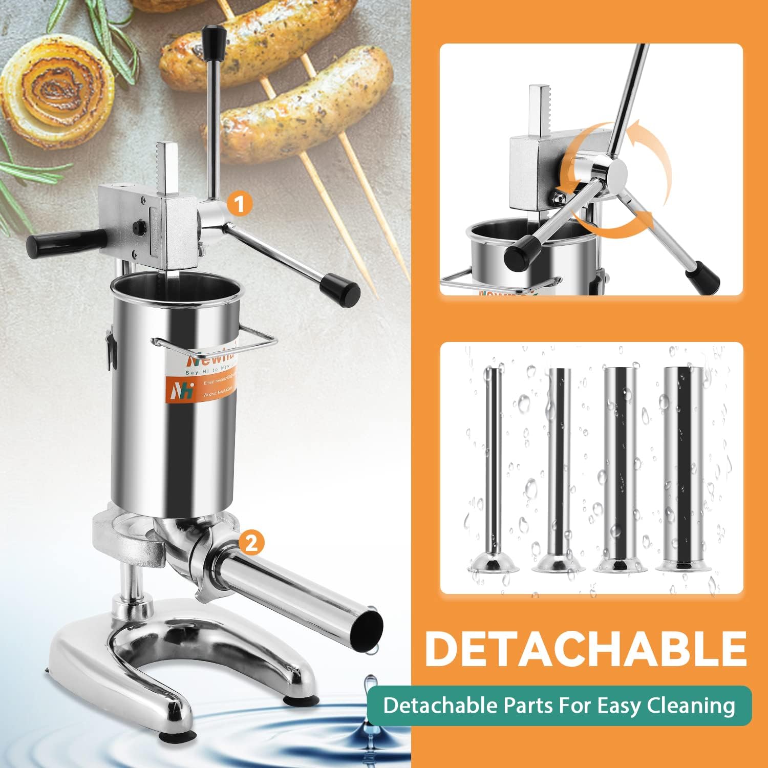 Manual Sausage Stuffer Stainless Steel Vertical Sausage Maker with 4 Sausage Tubes Meat Filler (2L) I449