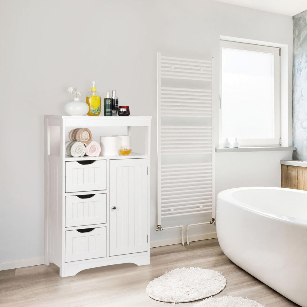 White Wooden Bathroom Floor Cabinet with 1 Door and 3 Drawers Q44508