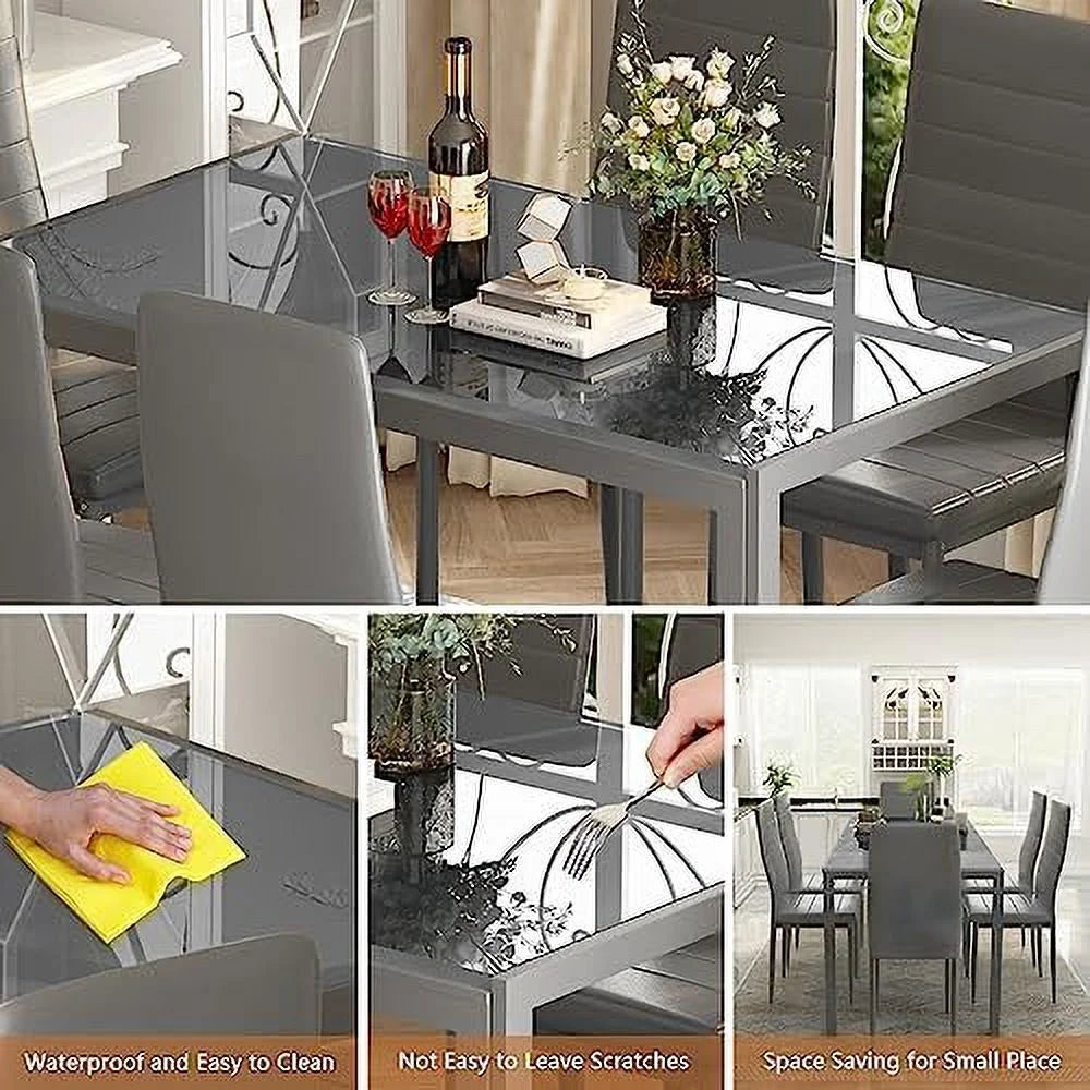 5 Piece Faux Marble Dining Table and PU Leather Chairs Set N854