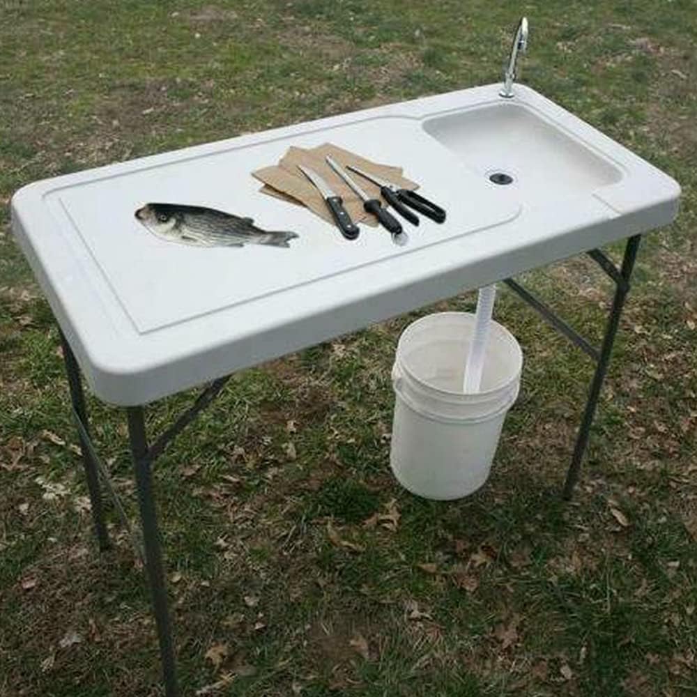 White Portable Folding Fishing Cleaning Table with Sink Faucet T443132