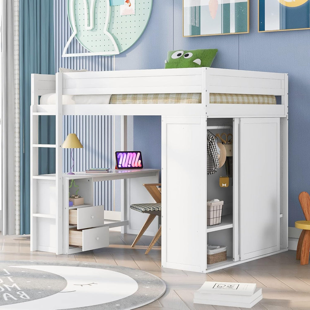 White Full Loft Bed with Wardrobe and Desk and Storage Drawers A918