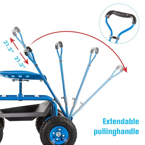 Garden Cart Rolling Work Seat with Tool Tray and Storage Basket on Wheels D605