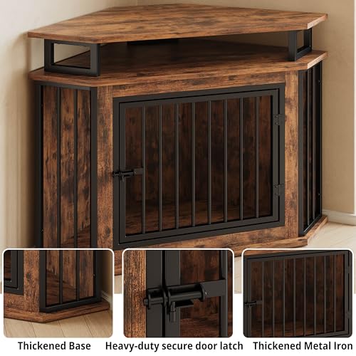 Rustic Brown Corner Wooden Dog Crate with 2-Tier Shelves A389397