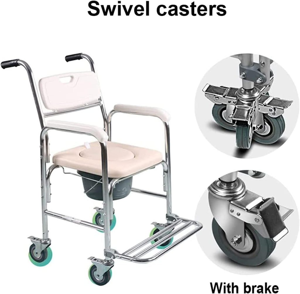 Shower Commode Chair with Wheels, 3 in 1 Shower Wheelchair with Anti Skid Arms 4 Locking Casters Detachable Bucket Shower Chair J85147