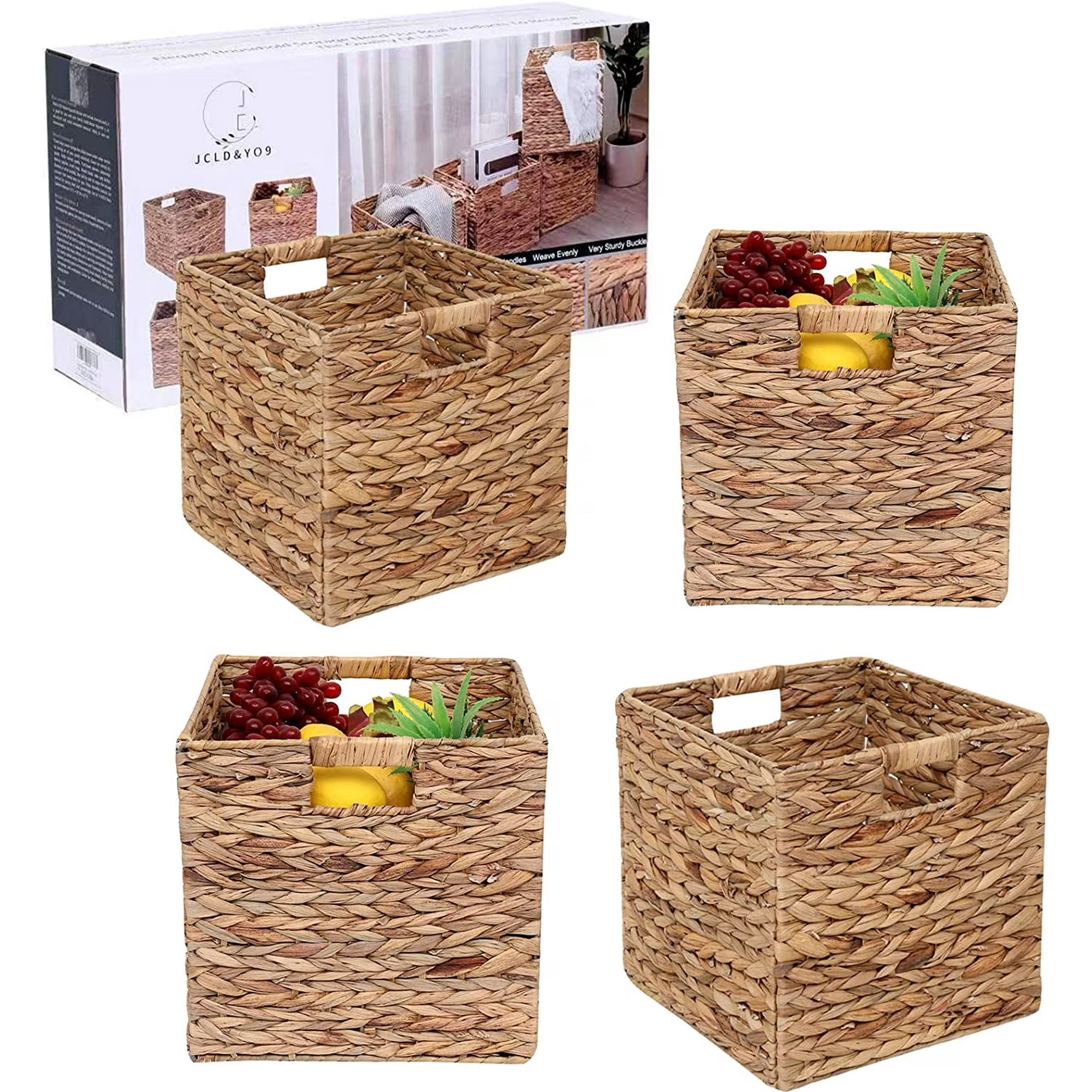 Set of 4 Handwoven Water Hyacinth Wicker Cube Baskets X484