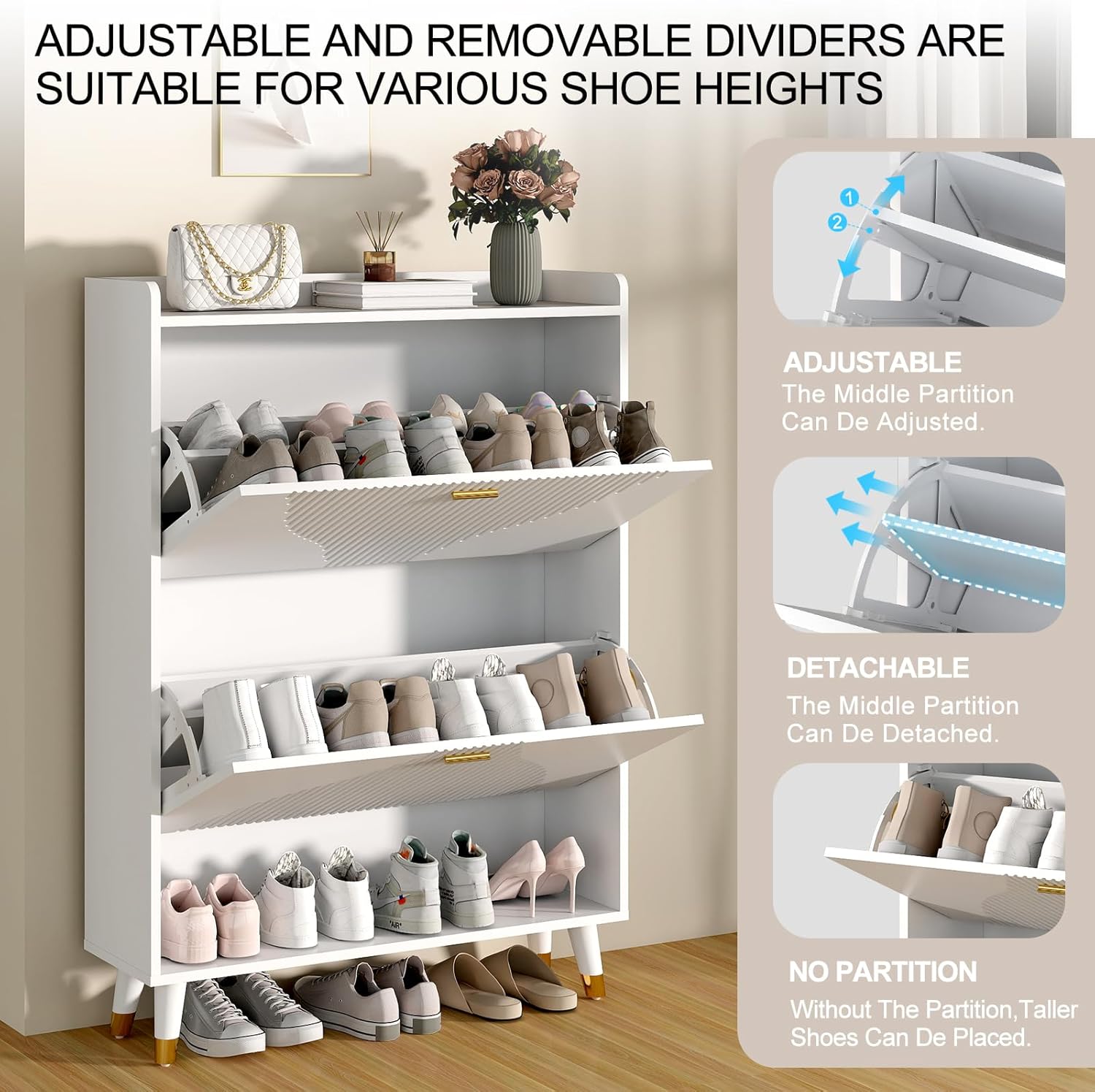 White Slim Shoe Storage Cabinet with Drawer U2946