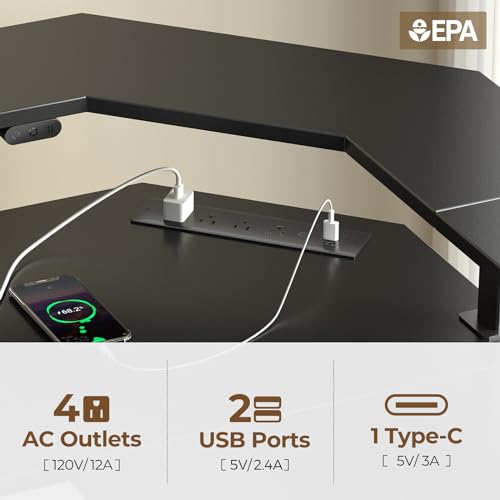 Black Electric Height Adjustable L Shaped Desk with LED Light and Power Outlet W539