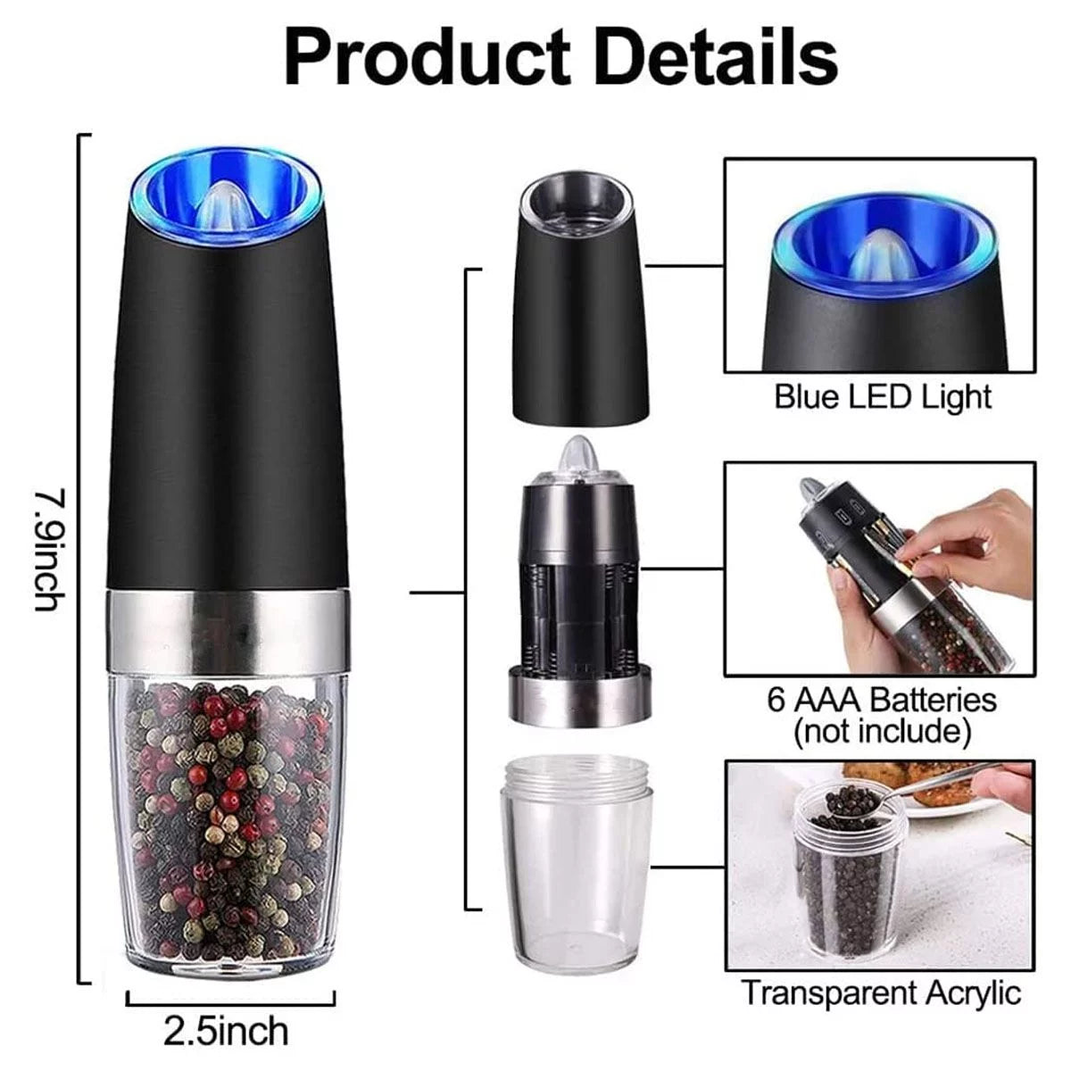 2 Pack Electric Salt and Pepper Grinder Set with Adjustable Coarseness D33947