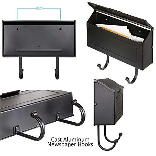 Cast Aluminum Metal Mailbox with Newspaper Hooks, Wall Mount, Horizontal, 16” x 4.25” x 8.25” (Antique Bronze) E609